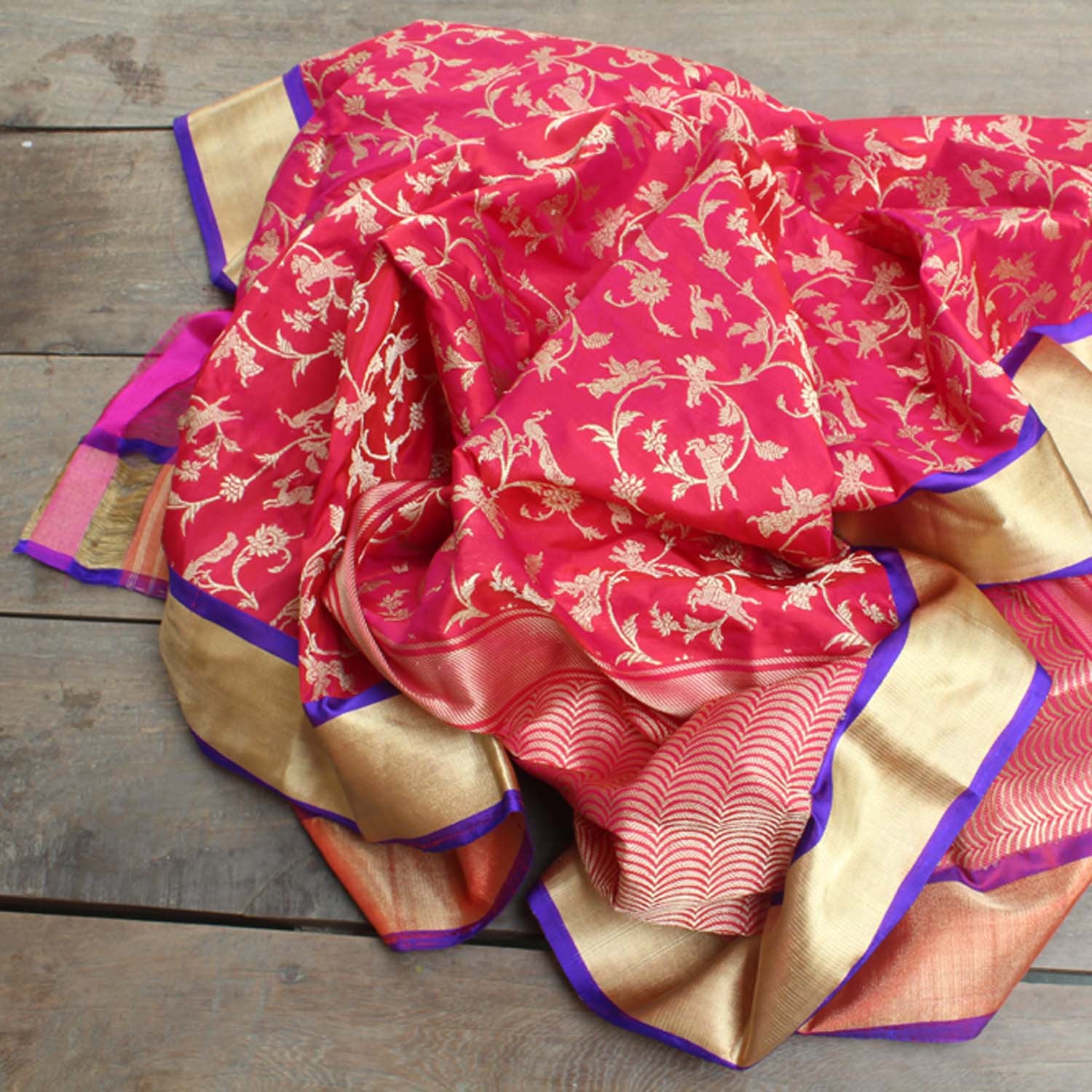 Gulabi Pink-Red Pure Katan Silk Banarasi Handloom Dupatta - Tilfi