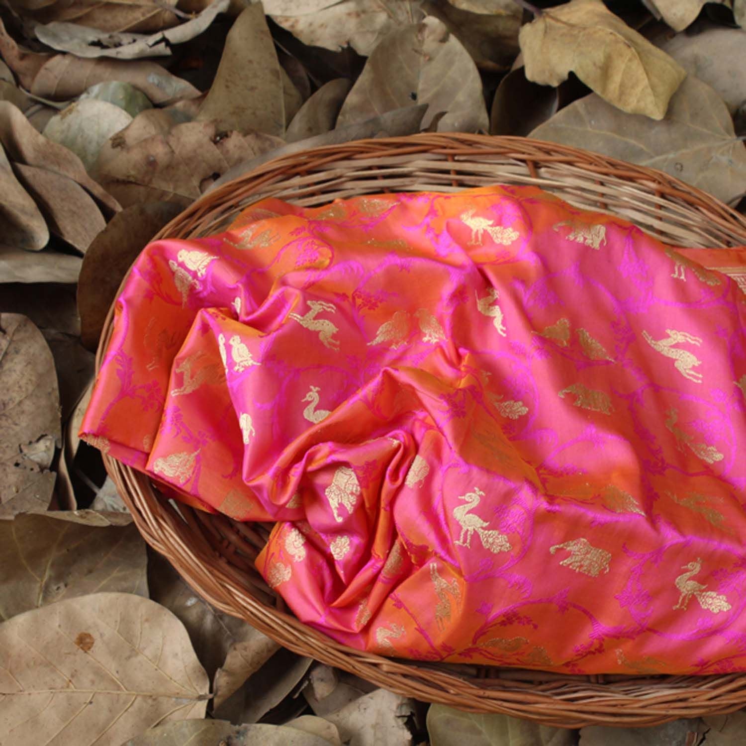 Gold-Gulabi Pink Pure Katan Silk Banarasi Handloom Dupatta - Tilfi