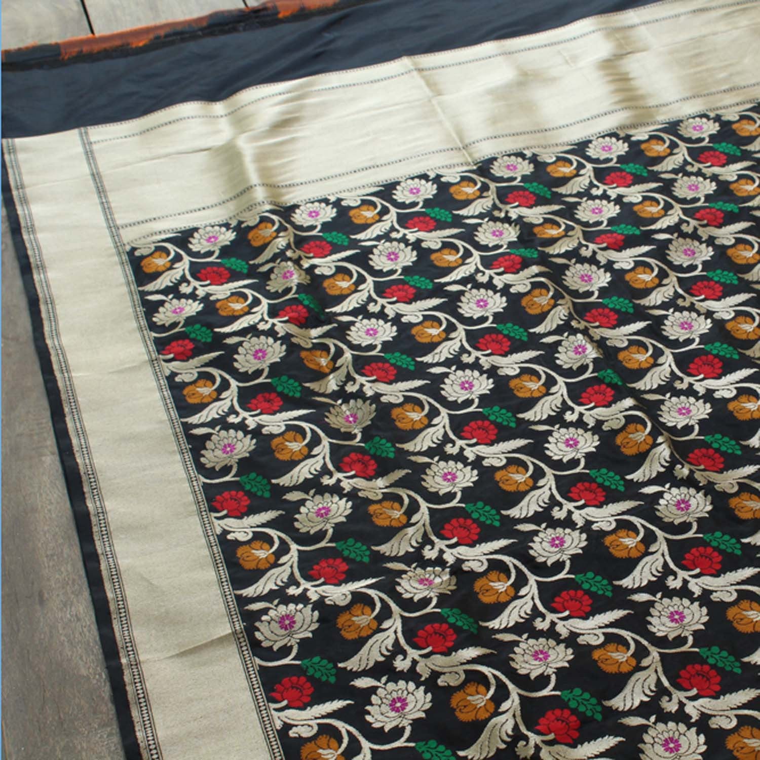 Black Pure Katan Silk Banarasi Handloom Dupatta - Tilfi