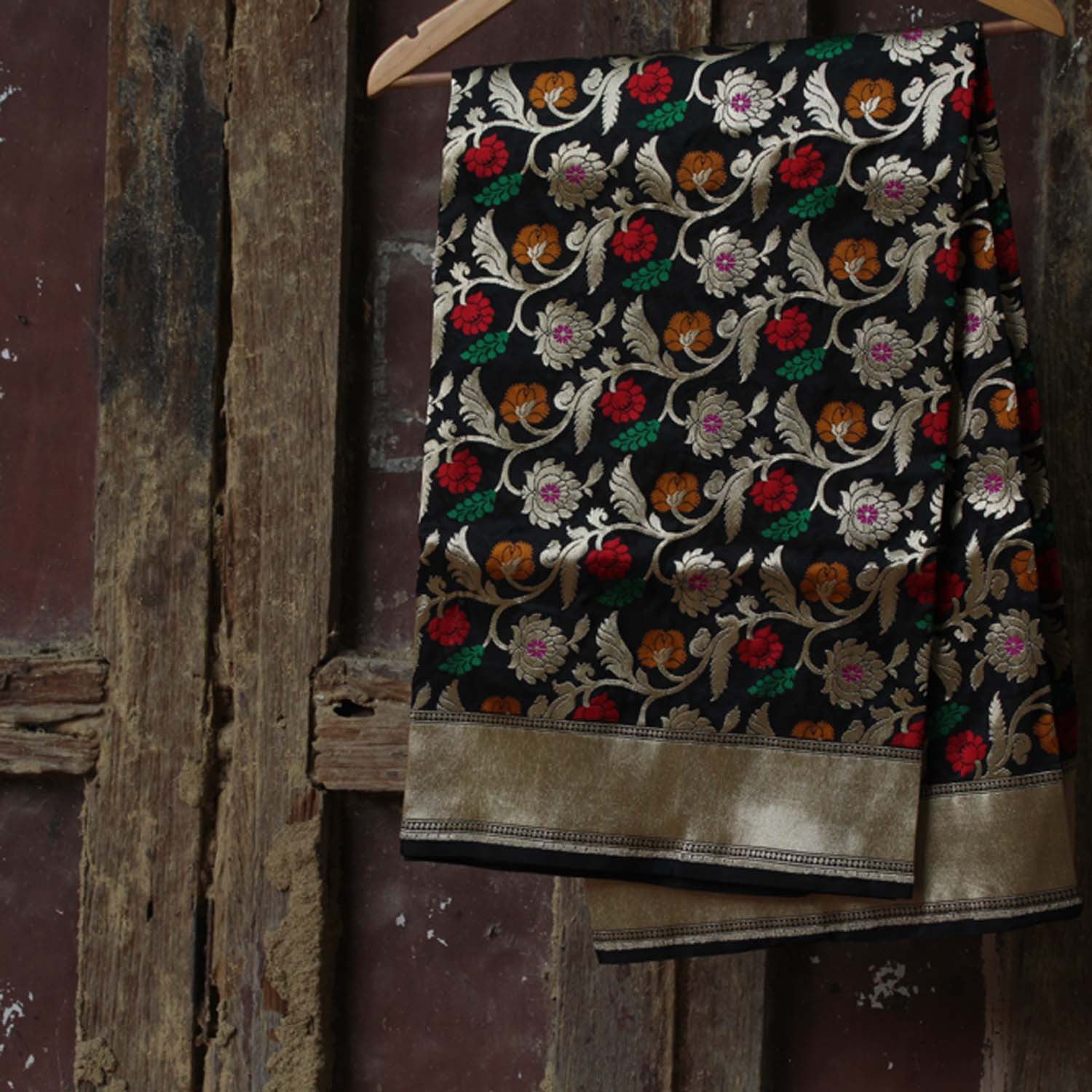 Black Pure Katan Silk Banarasi Handloom Dupatta - Tilfi