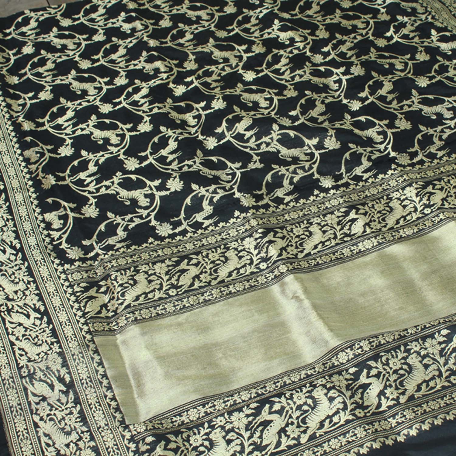 Black Pure Katan Silk Banarasi Handloom Dupatta - Tilfi