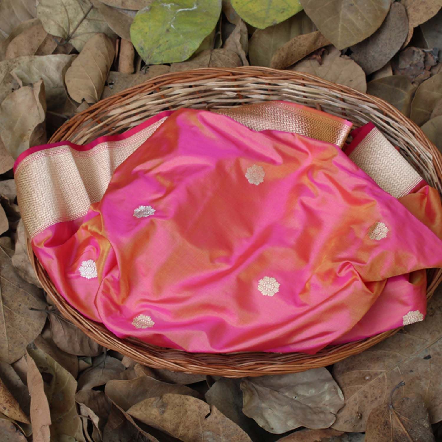 Yellow-Gulabi Pink Pure Katan Silk Banarasi Dupatta - Tilfi - 1