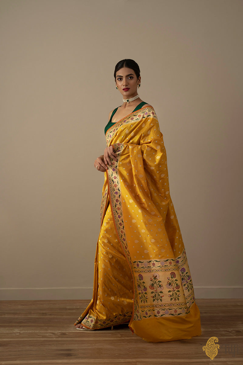 KJ0035-Mustard Pure Katan Silk Banarasi Handloom Saree