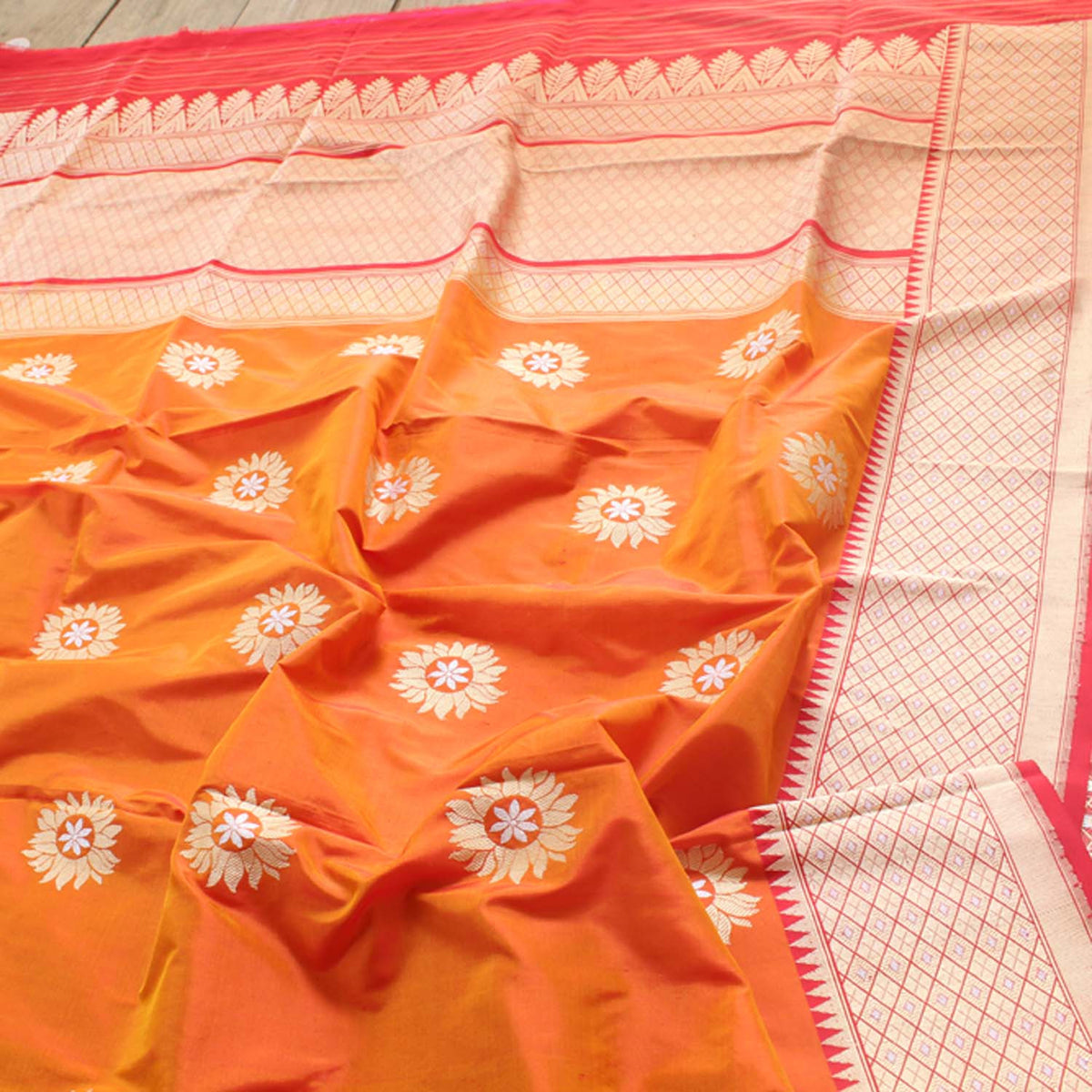 Orange-Mustard Pure Katan Silk Banarasi Handloom Dupatta - Tilfi