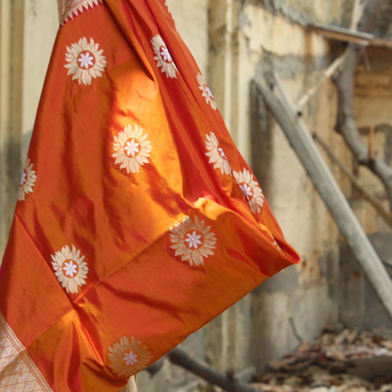 Orange-Mustard Pure Katan Silk Banarasi Handloom Dupatta - Tilfi