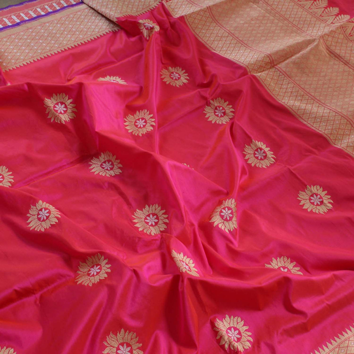 Orange-Rose Pink Pure Katan Silk Banarasi Handloom Dupatta - Tilfi