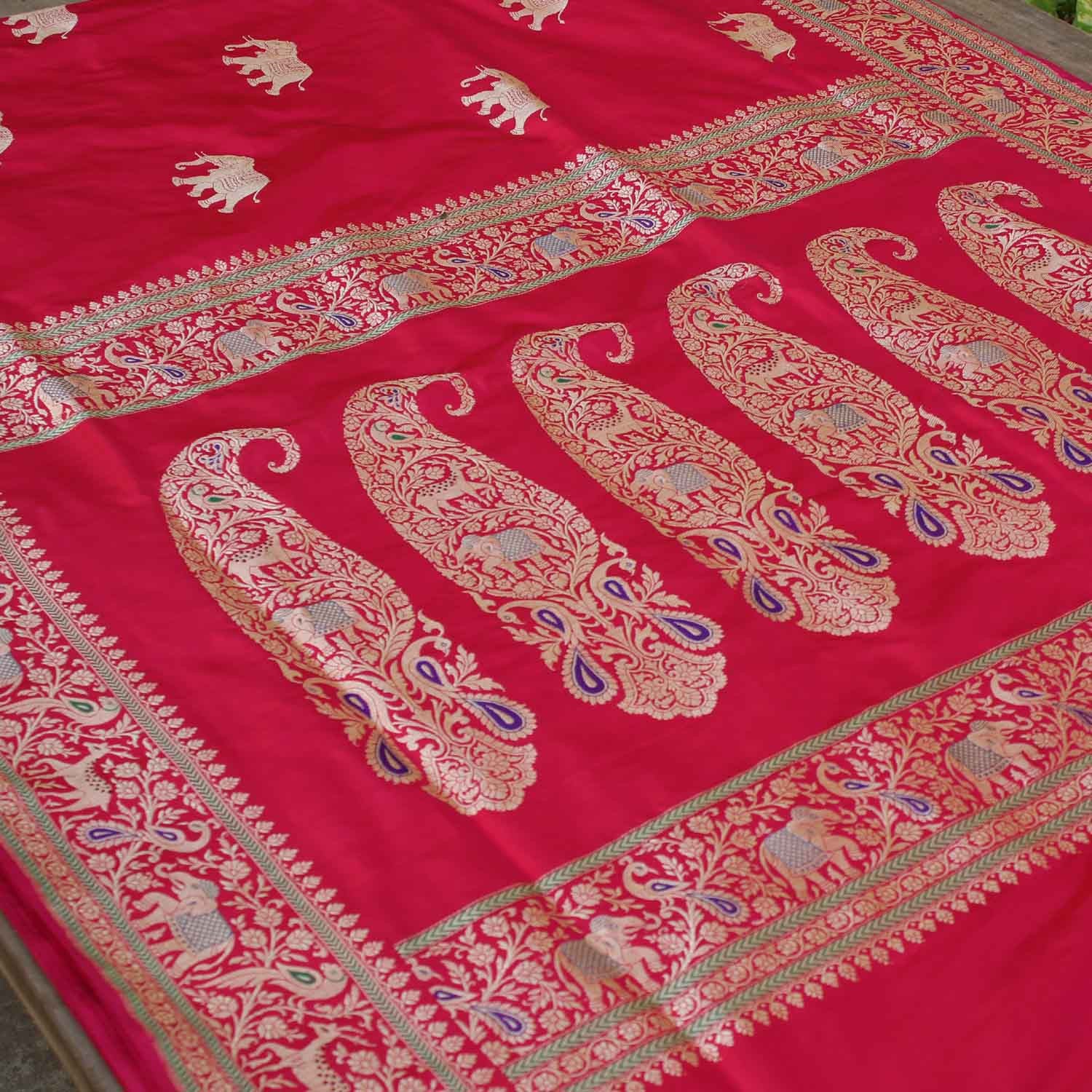 Red-Indian Pink Pure Katan Silk Banarasi Handloom Saree - Tilfi - 1