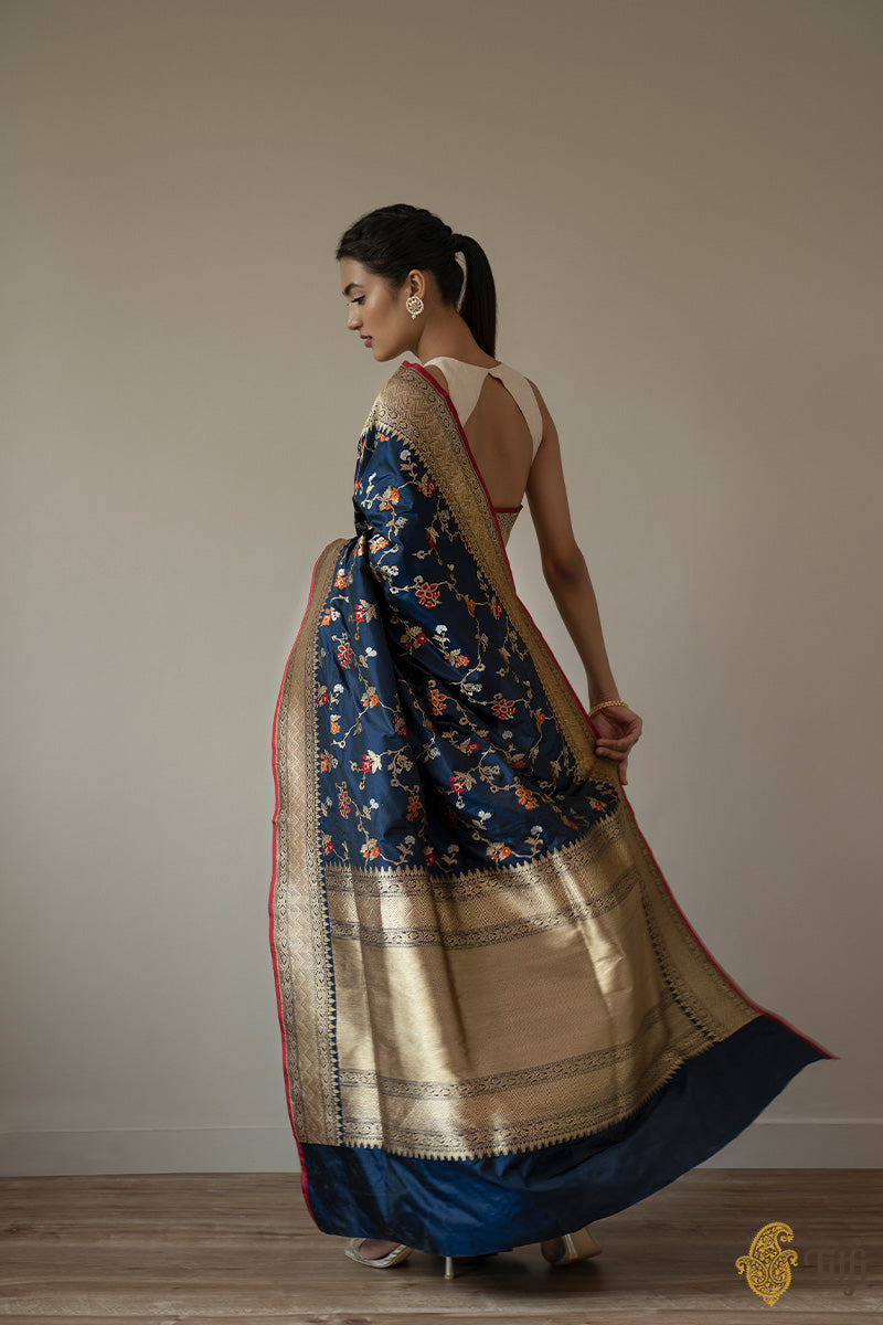 KJ0018-Navy Blue Pure Katan Silk Banarasi Handloom Saree