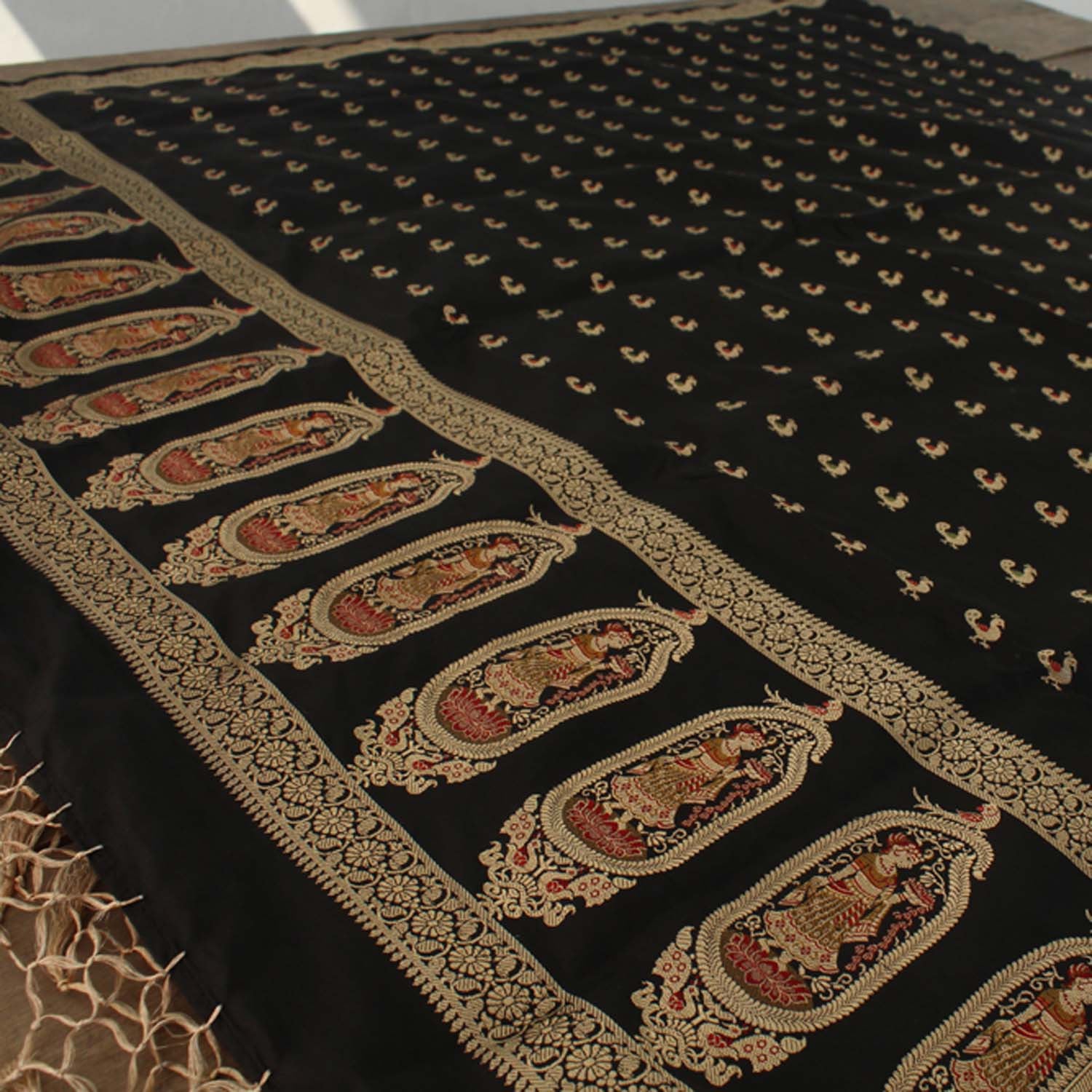 Black Pure Katan Silk Banarasi Handloom Dupatta - Tilfi