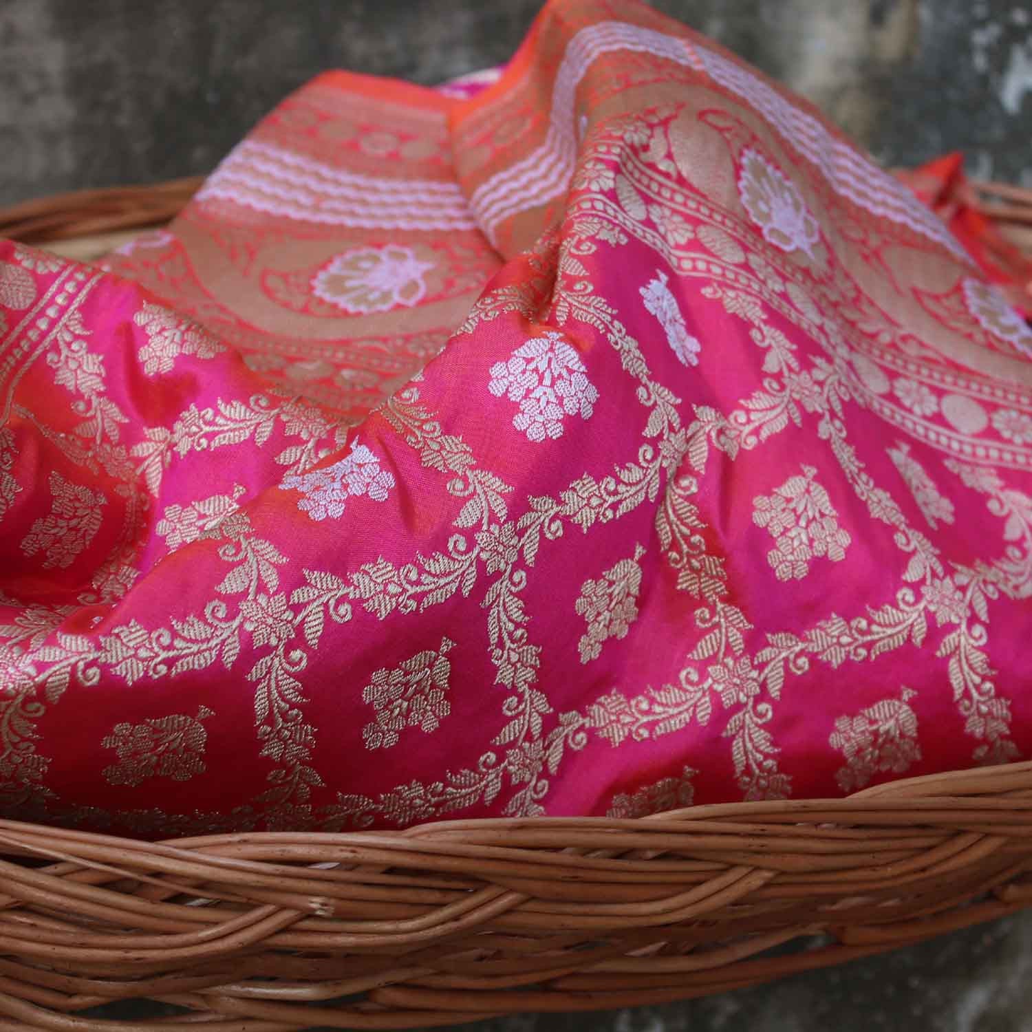 Orange-Indian Pink Pure Katan Silk Banarasi Handloom Saree - Tilfi