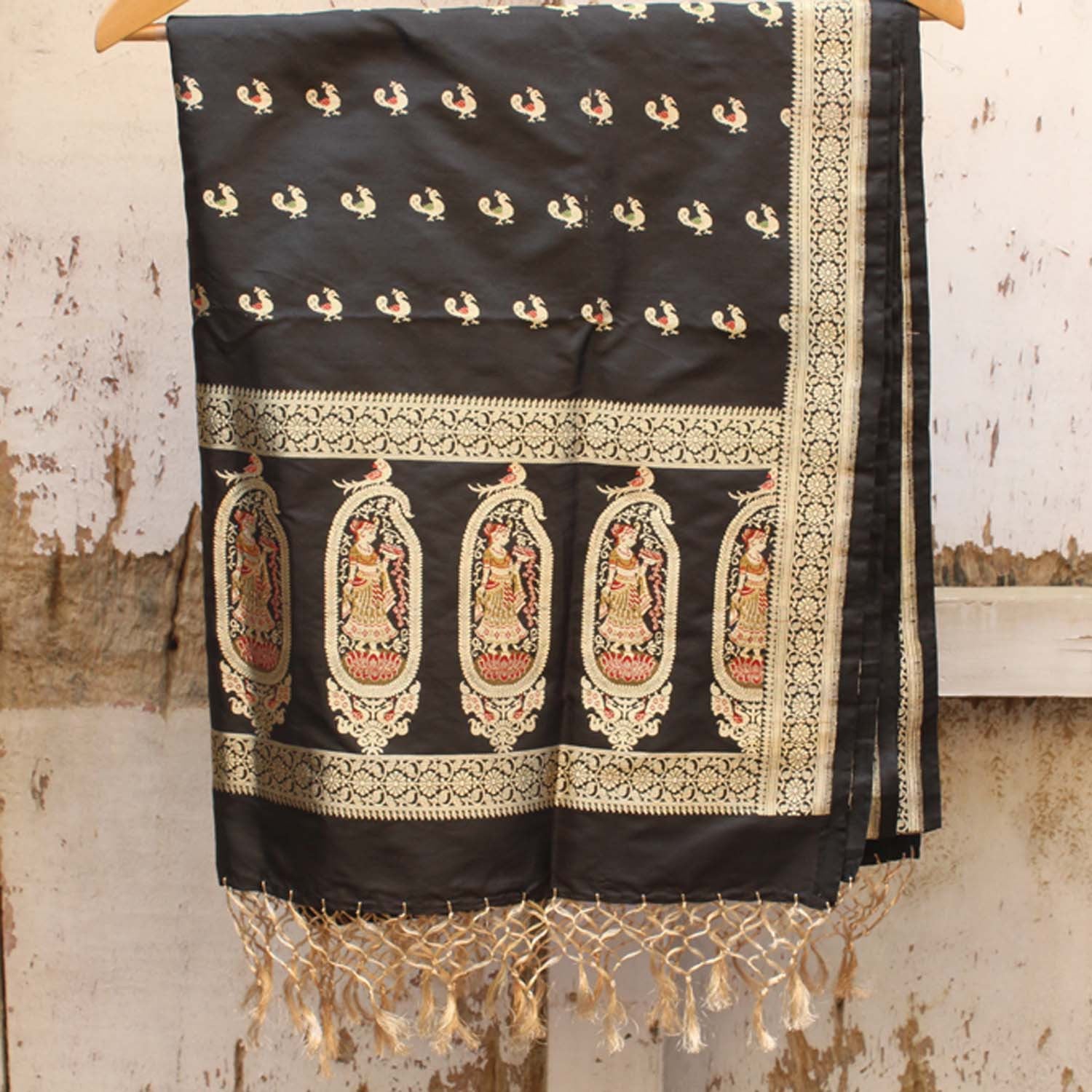 Black Pure Katan Silk Banarasi Handloom Dupatta - Tilfi