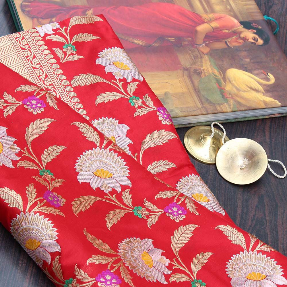 Red Pure Katan Silk Banarasi Handloom Saree - Tilfi