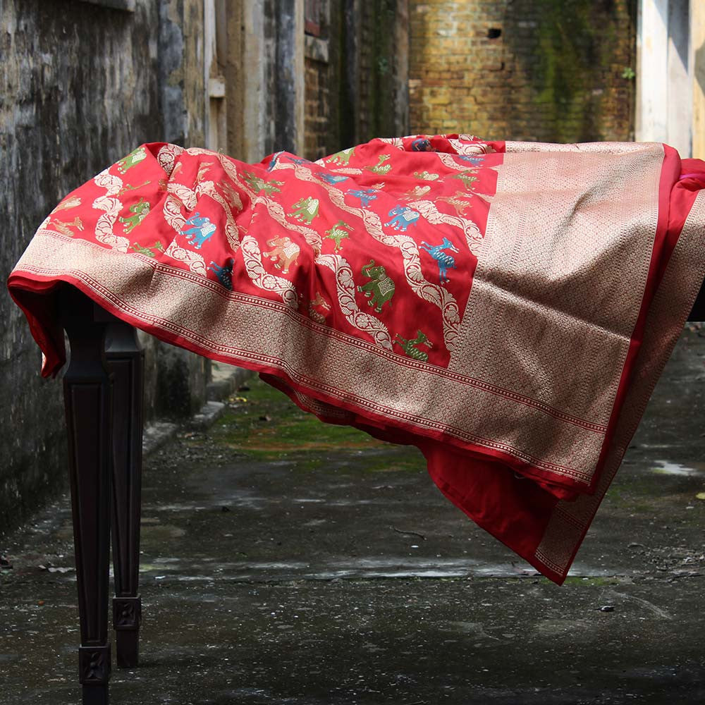 Red Pure Katan Silk Banarasi Handloom Saree - Tilfi