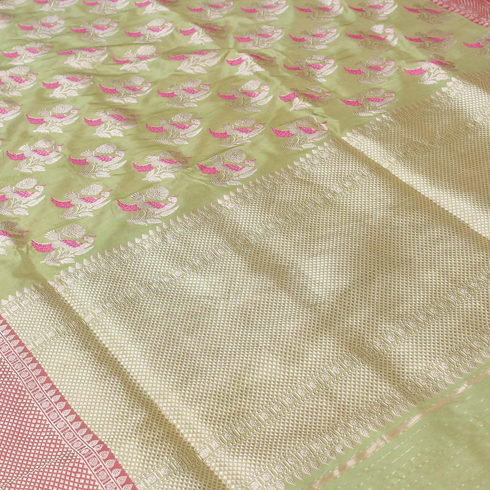 Pista Green Pure Katan Silk Banarasi Handloom Saree - Tilfi - 1