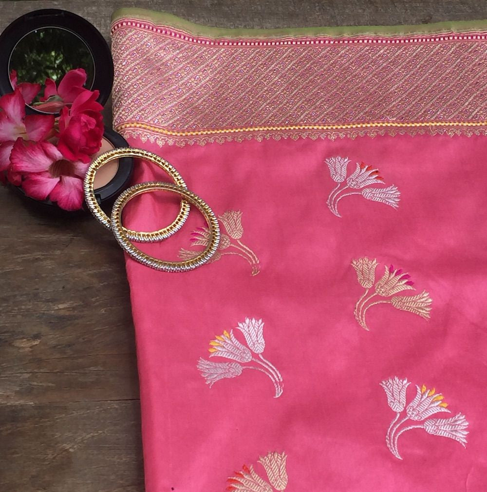 Rose Pink Pure Katan Silk Banarasi Handloom Saree - Tilfi