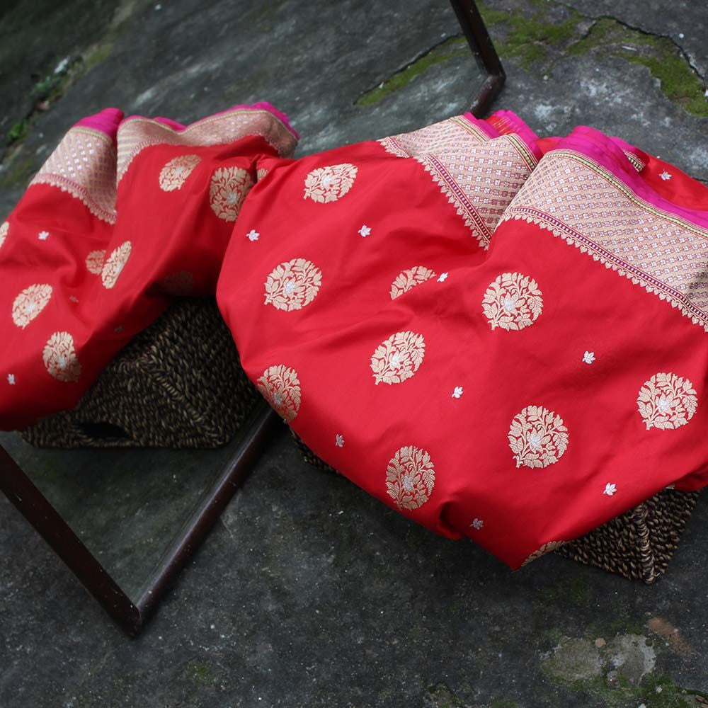 Red Pure Katan Silk Banarasi Handloom Saree - Tilfi
