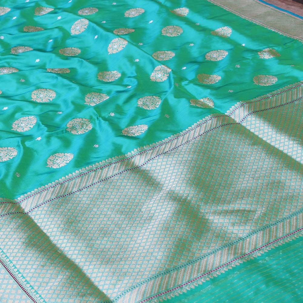 Sea Green Pure Katan Silk Banarasi Handloom Saree - Tilfi - 1