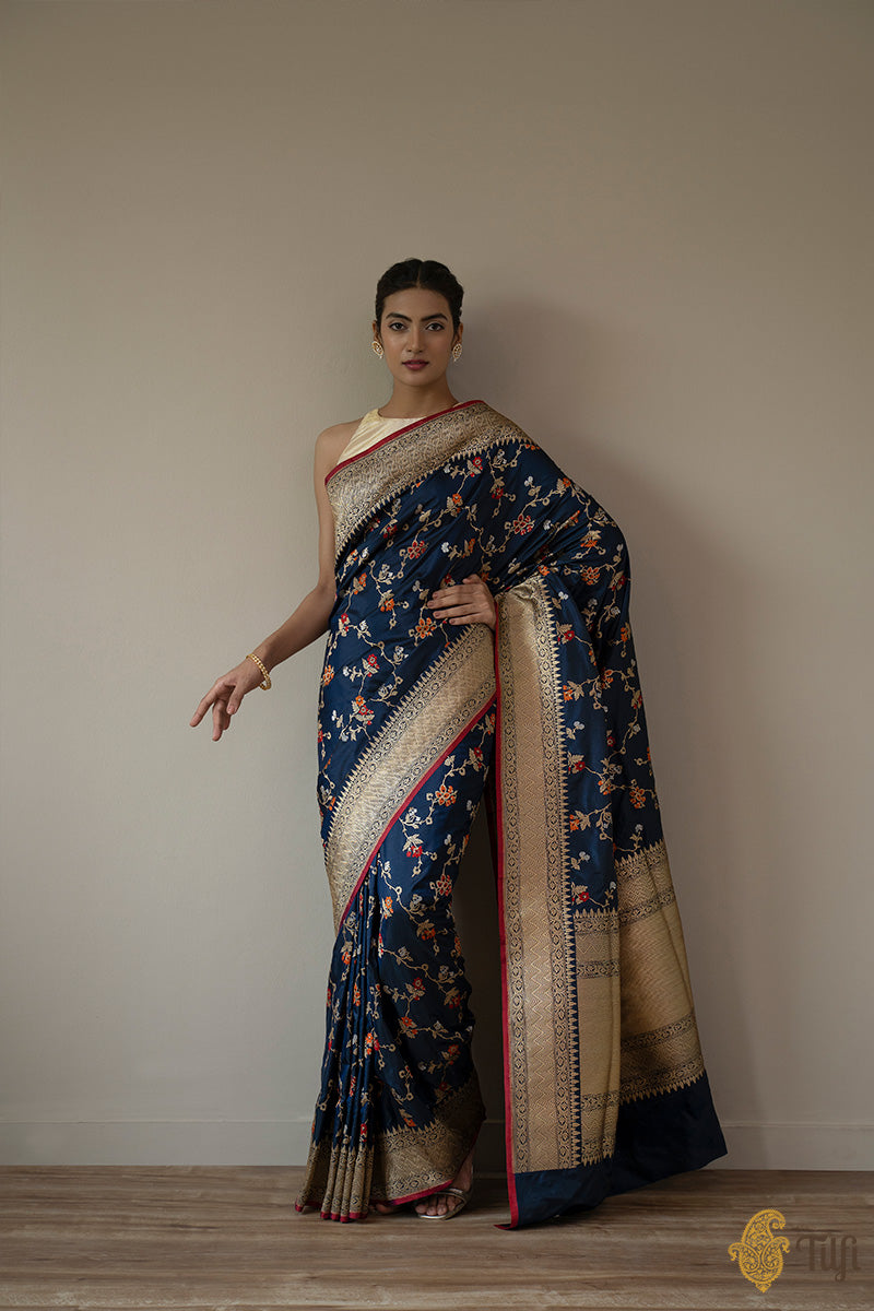 KJ0018-Navy Blue Pure Katan Silk Banarasi Handloom Saree