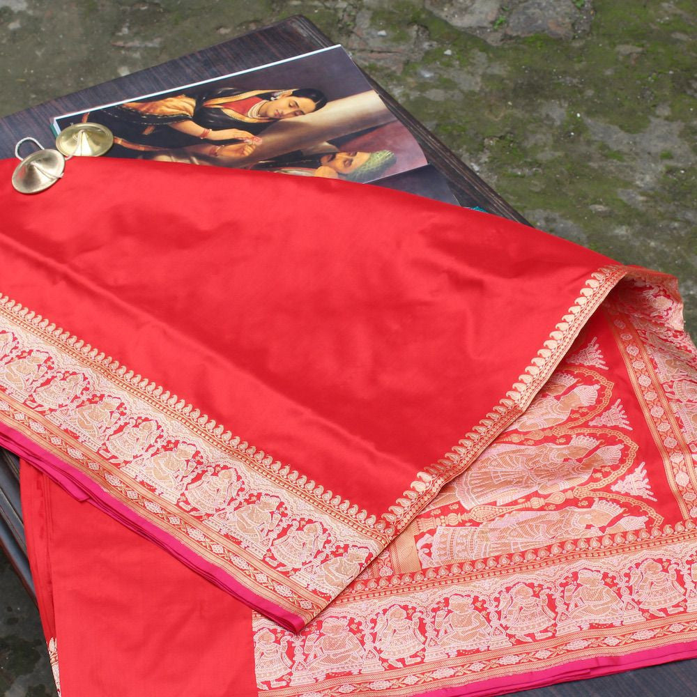 Red Pure Katan Silk Banarasi Handloom Saree - Tilfi - 1
