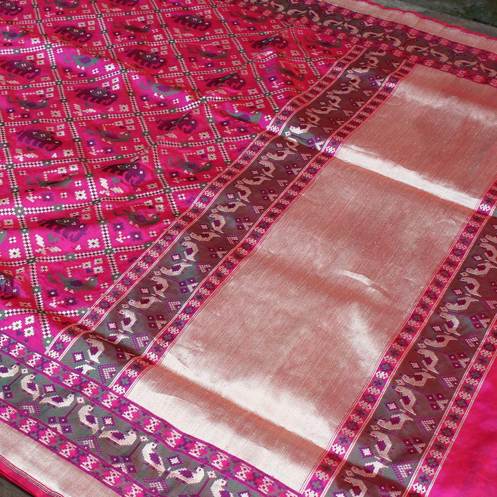 Red-Indian Pink Pure Katan Silk Banarasi Handloom Saree - Tilfi