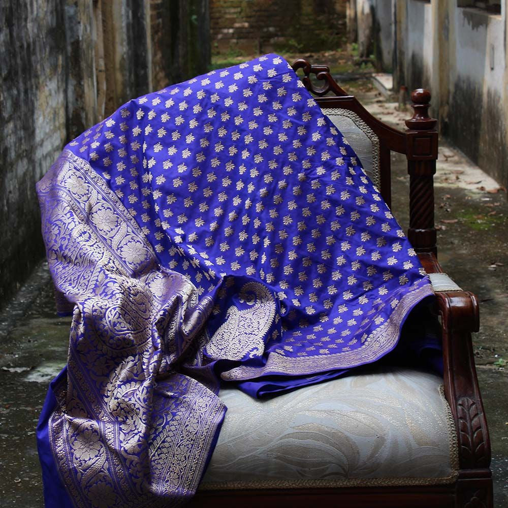 Purple-Navy Blue Pure Katan Silk Banarasi Handloom Saree - Tilfi