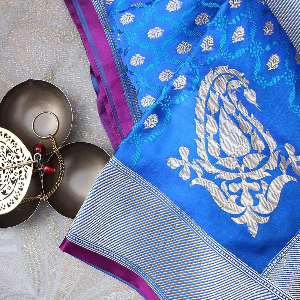 Royal Blue Pure Katan Silk Banarasi Handloom Saree - Tilfi - 1