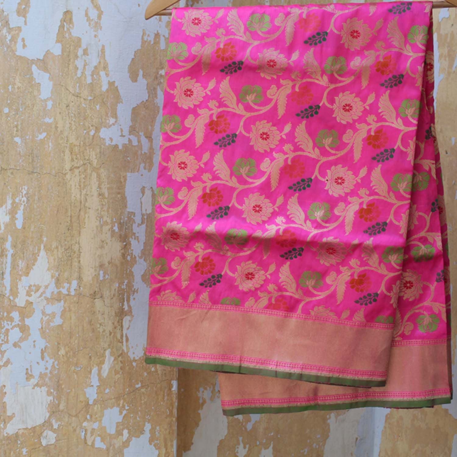 Fuschia Gulabi Pink Pure Katan Silk Banarasi Handloom Dupatta - Tilfi