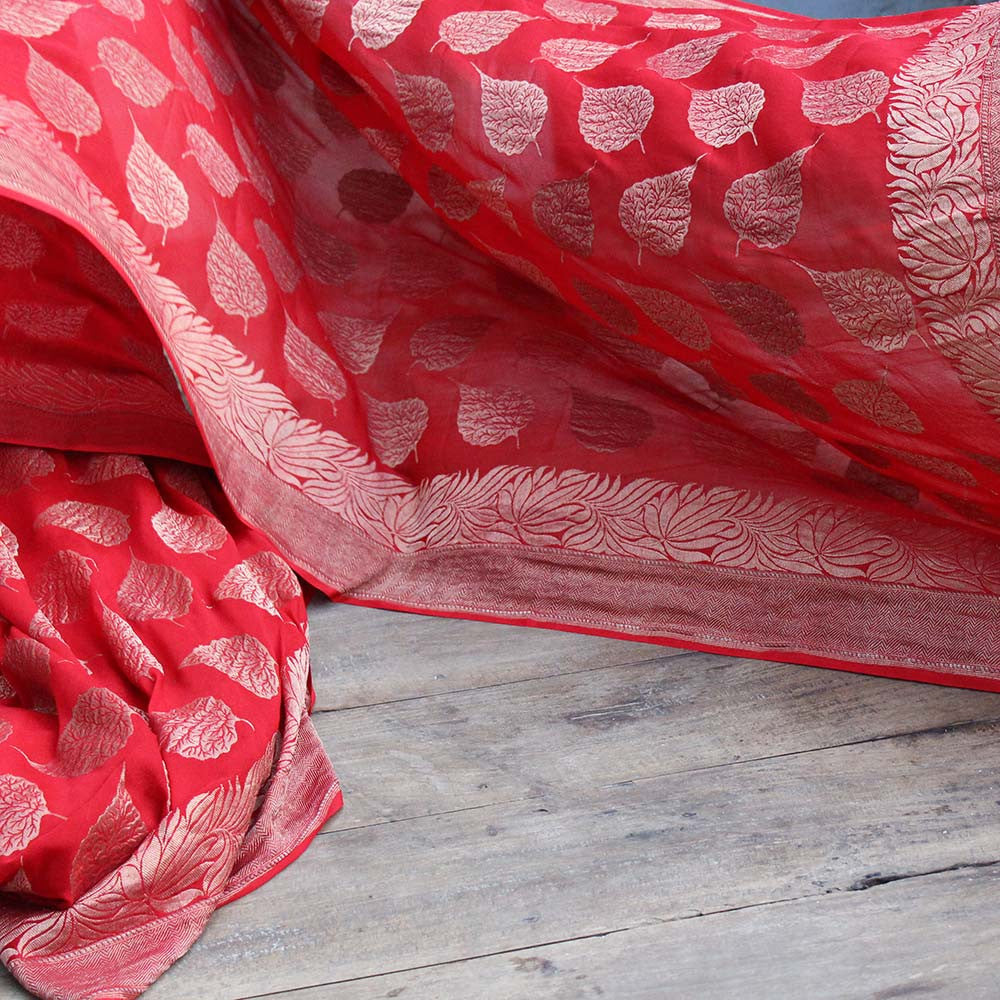 Red Pure Chiffon Georgette Banarasi Handloom Saree - Tilfi