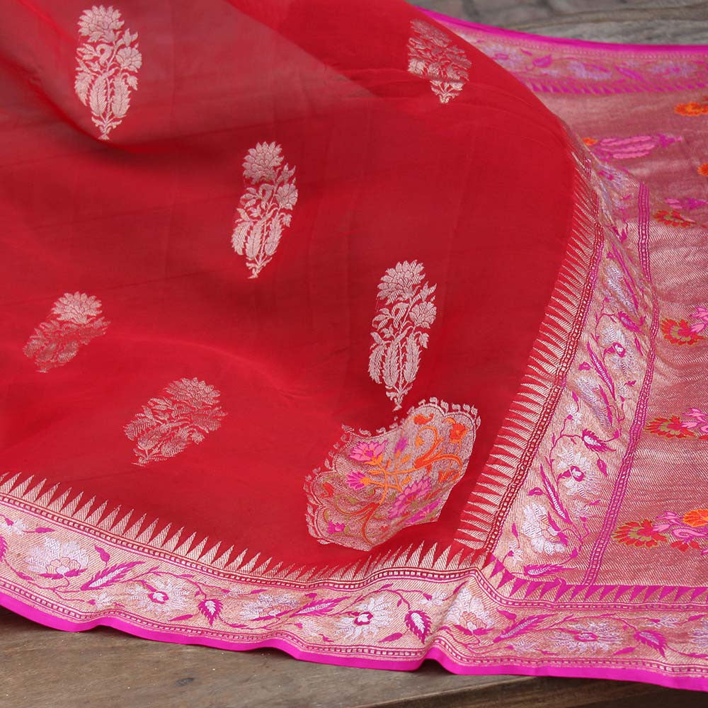 Red Pure Chiffon Georgette Banarasi Handloom Saree - Tilfi