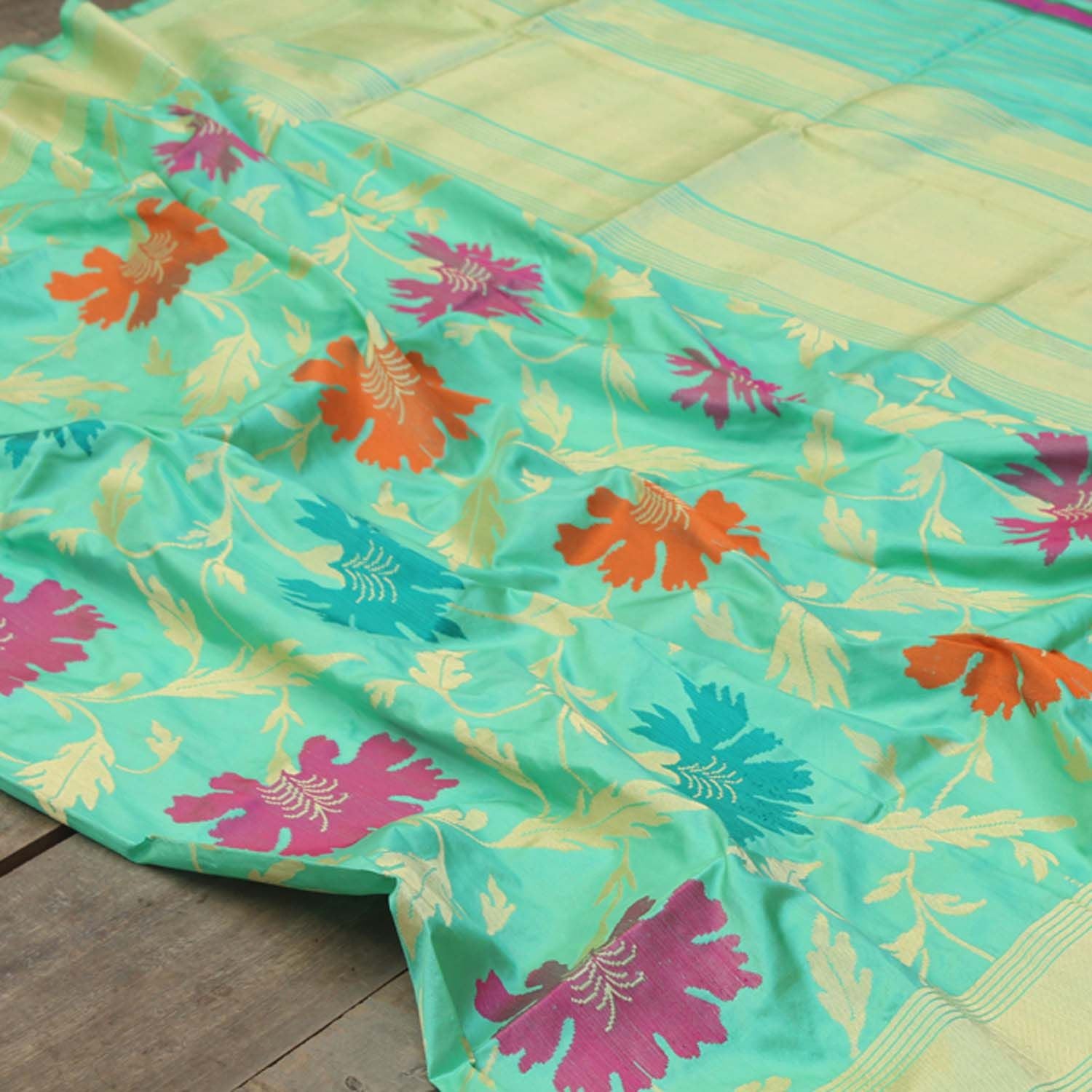 Turquoise Ferozi Pure Katan Silki Banarasi Handloom Dupatta - Tilfi - 1