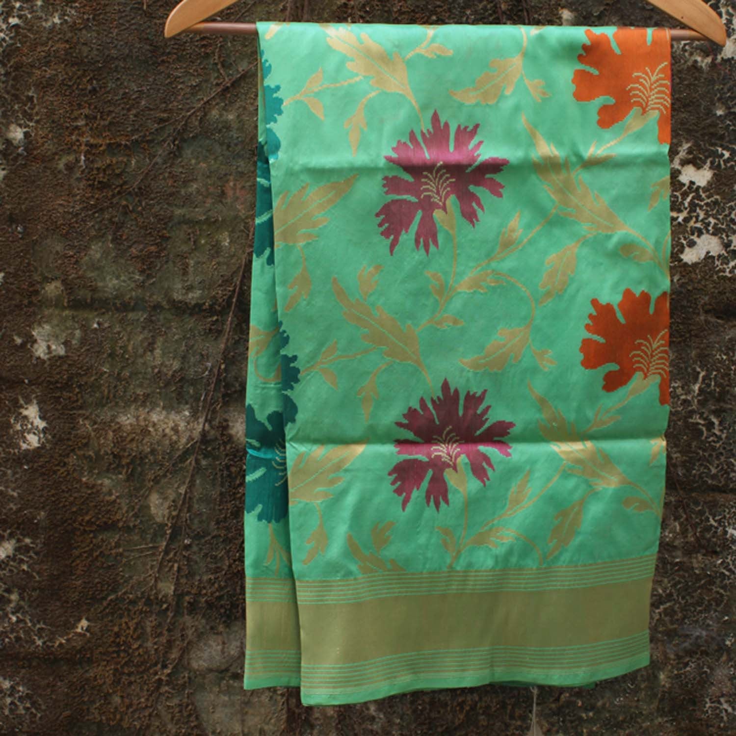 Turquoise Ferozi Pure Katan Silki Banarasi Handloom Dupatta - Tilfi - 1