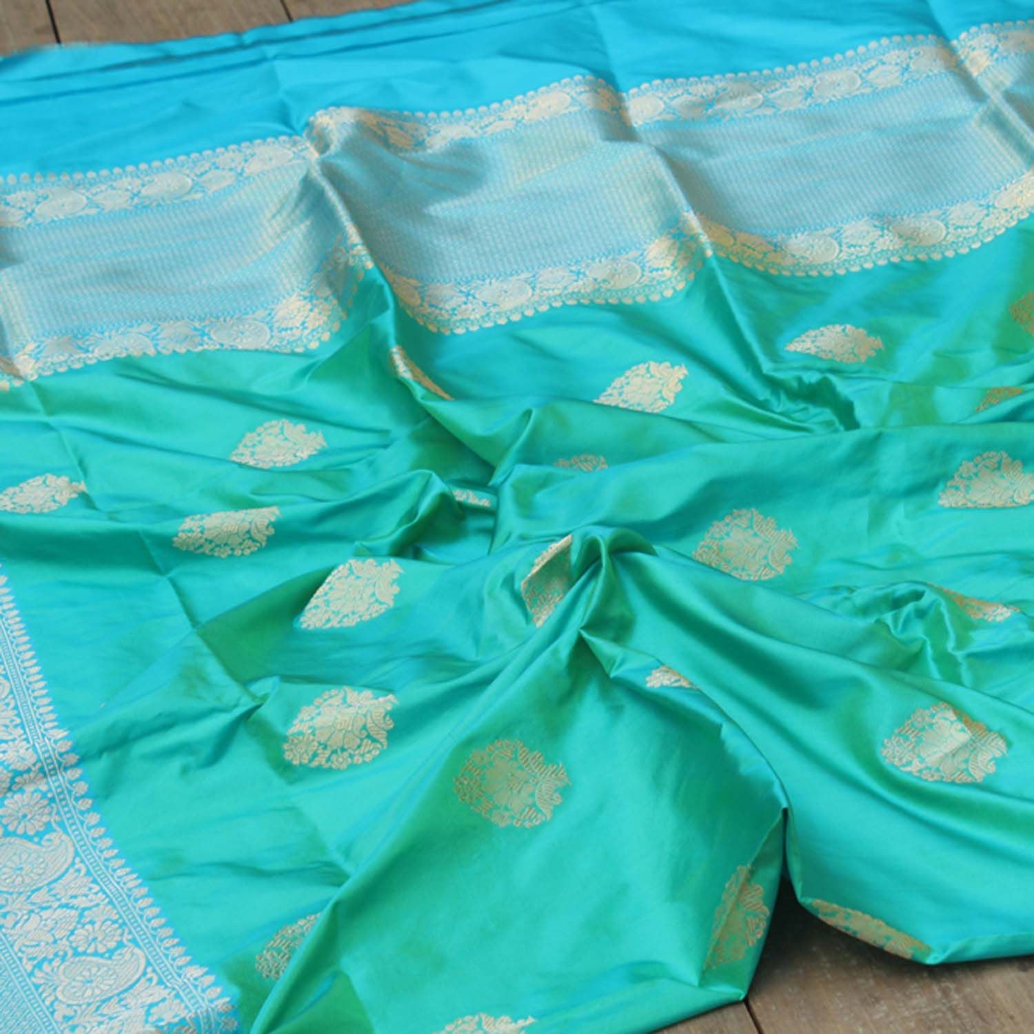 Turquoise Green Pure Katan Silk Banarasi Handloom Dupatta - Tilfi - 1