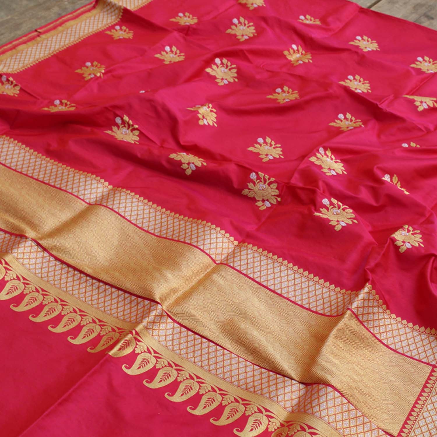 Red-Indian Pink Pure Katan Silk Banarasi Handloom Dupatta - Tilfi - 1