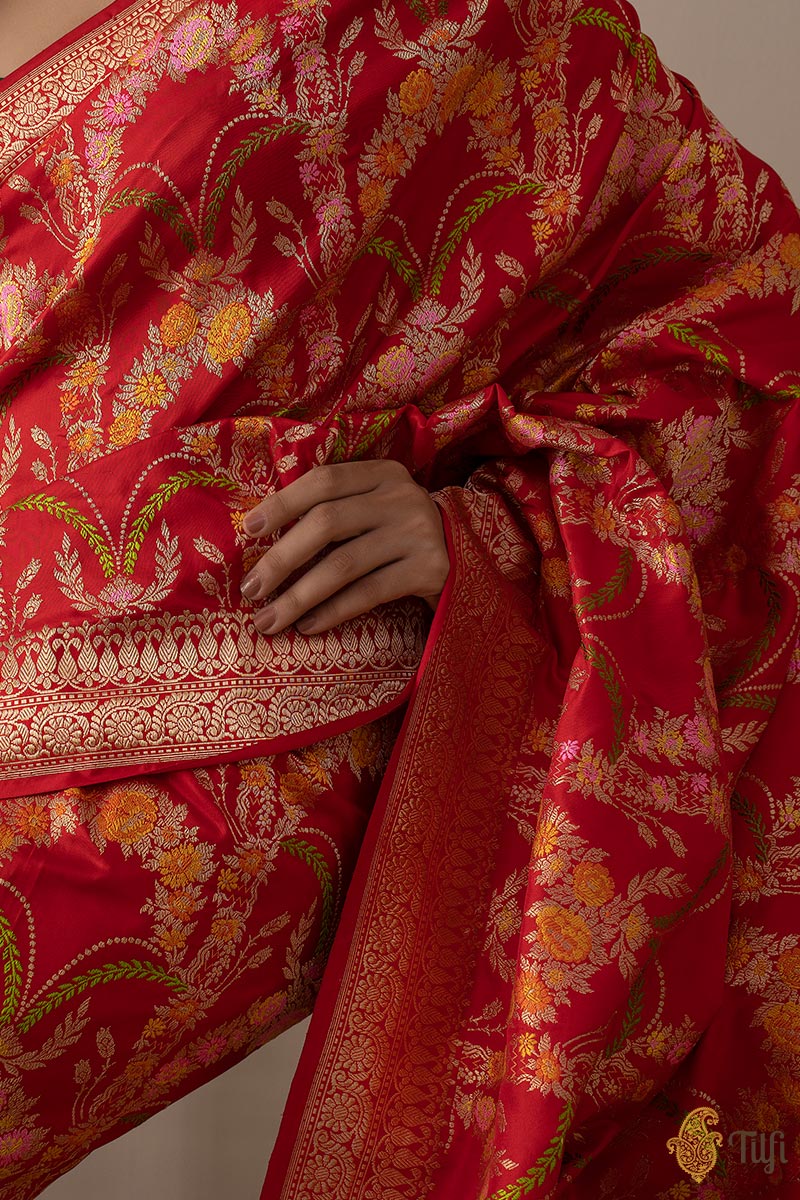 Ganga' Red Pure Cotton Banarasi Jamdani Real Zari Handloom Saree