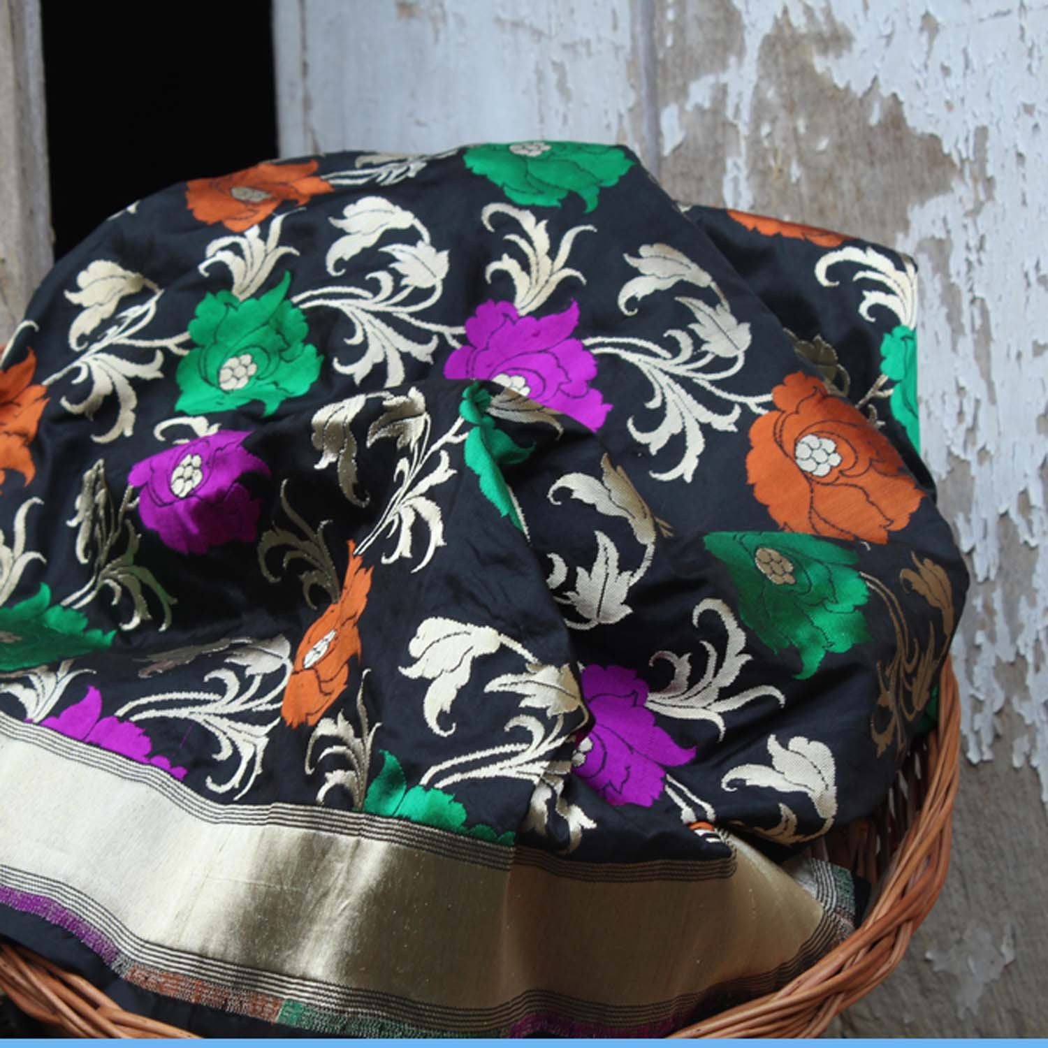 Black Pure Katan Silk Banarasi Handloom Dupatta - Tilfi