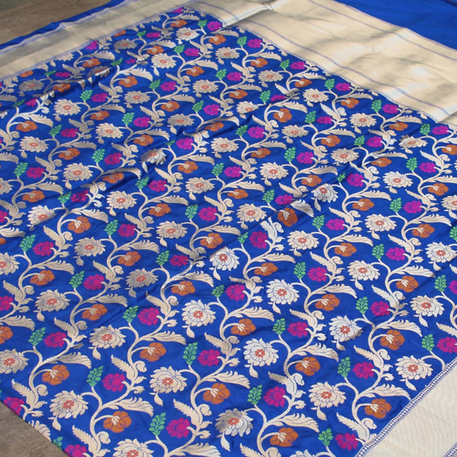 Royal-Blue Pure Katan Silk Banarasi Handloom Dupatta - Tilfi - 1