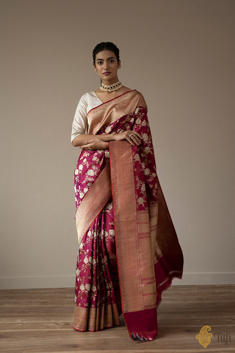 KJ0012-'Sadhana' Magenta Pure Katan Silk Banarasi Handloom Jangla Saree