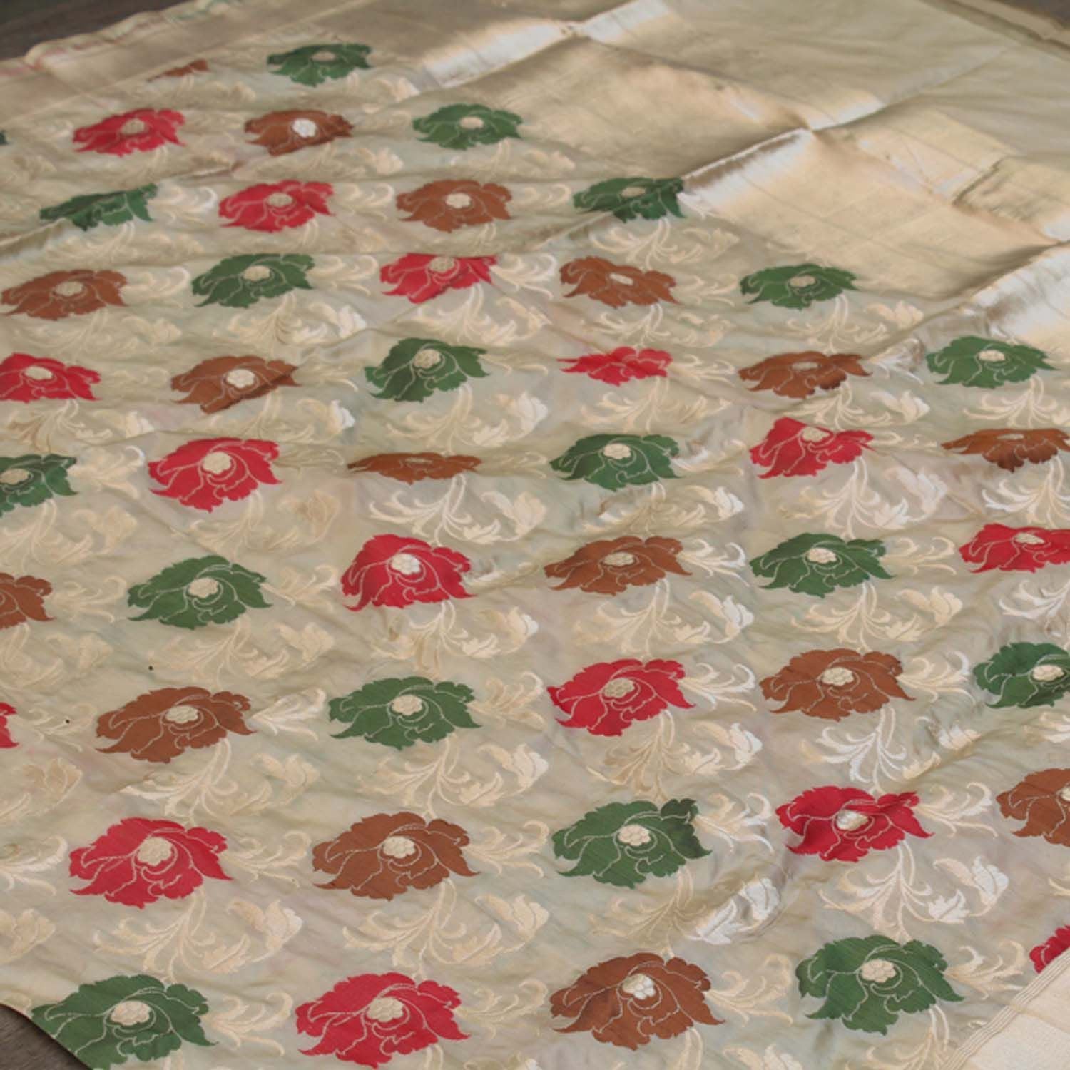 Tussar Off-White Pure Katan Silk Banarasi Handloom Dupatta - Tilfi - 1