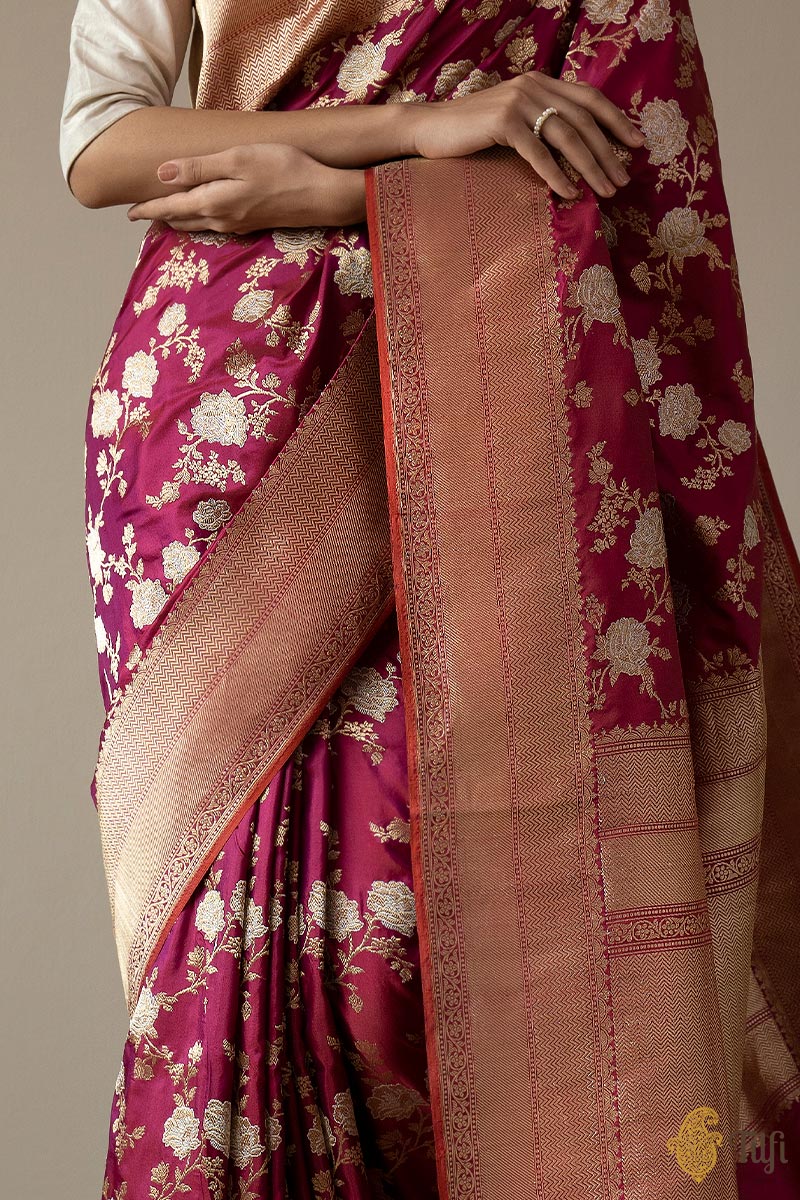 KJ0012-'Sadhana' Magenta Pure Katan Silk Banarasi Handloom Jangla Saree
