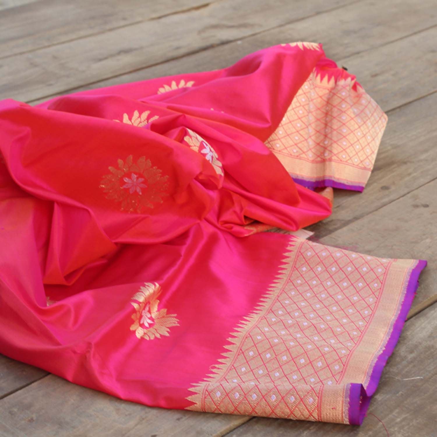 Orange-Gulabi Pink Pure Katan Silk Banarasi Handloom Dupatta - Tilfi