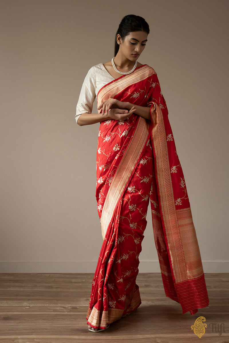 KJ0011-Red Pure Katan Silk Banarasi Handloom Saree