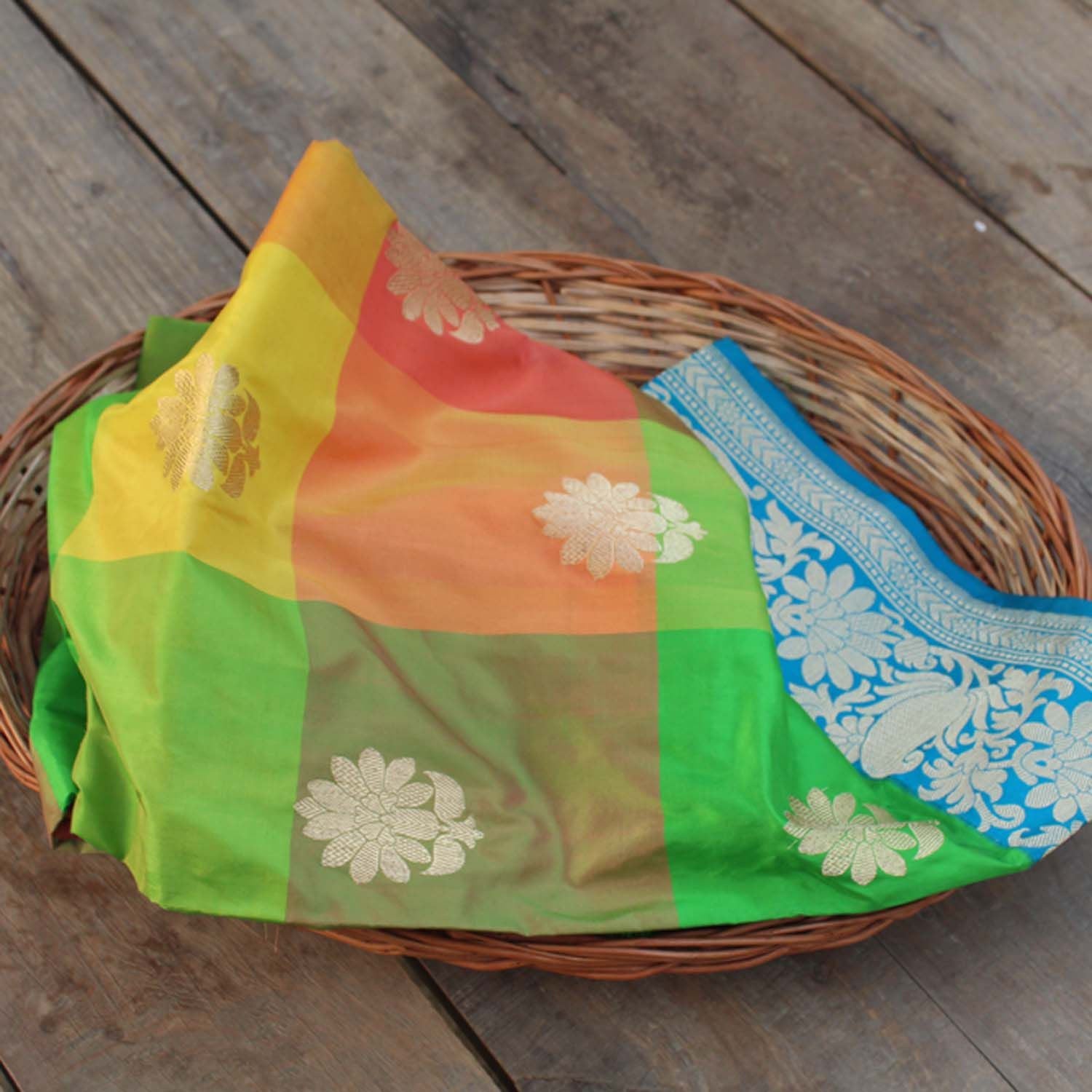 Multicolored Pure Katan Silk Banarasi Handloom Dupatta - Tilfi