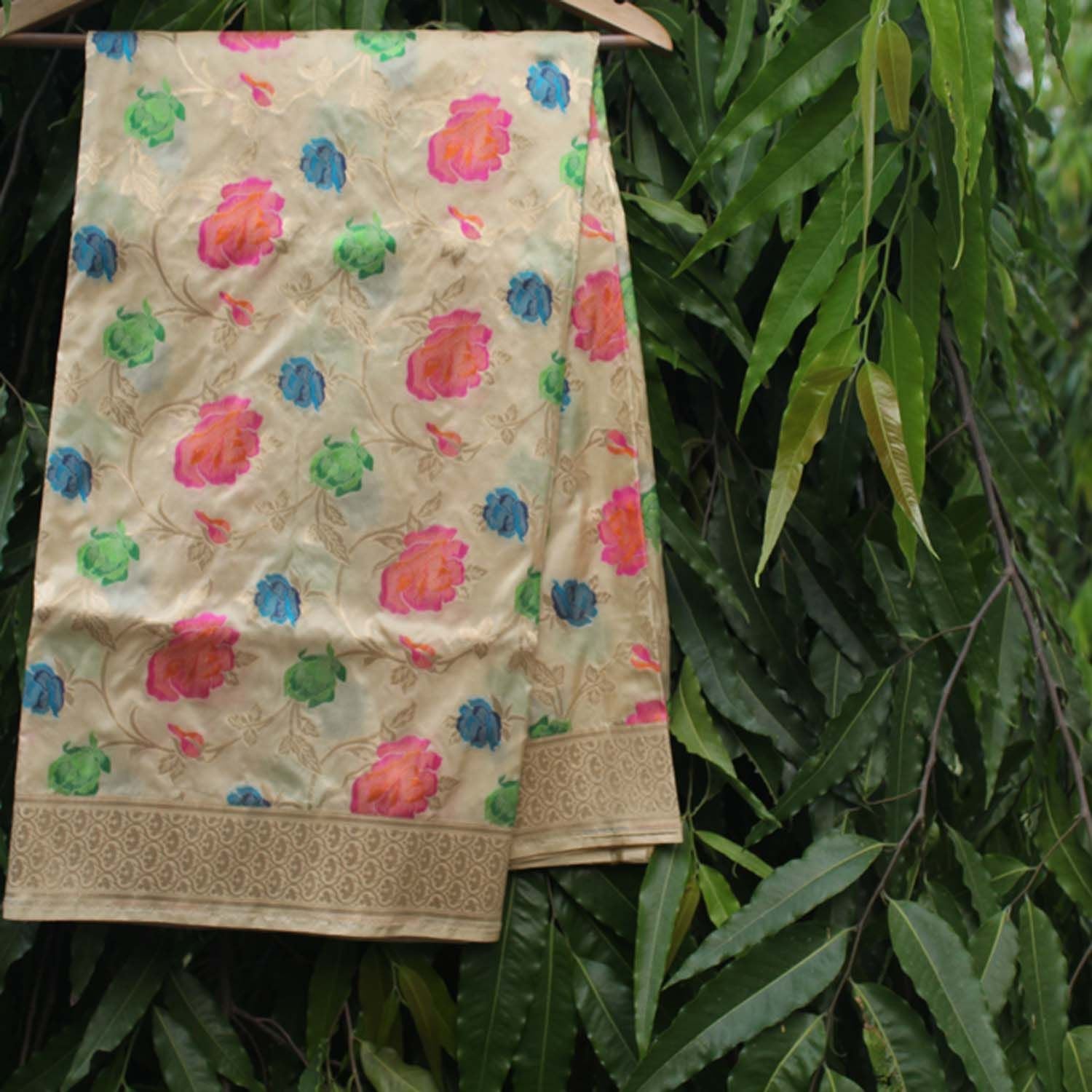 Off-White Pure Katan Silk Banarasi Handloom Dupatta - Tilfi