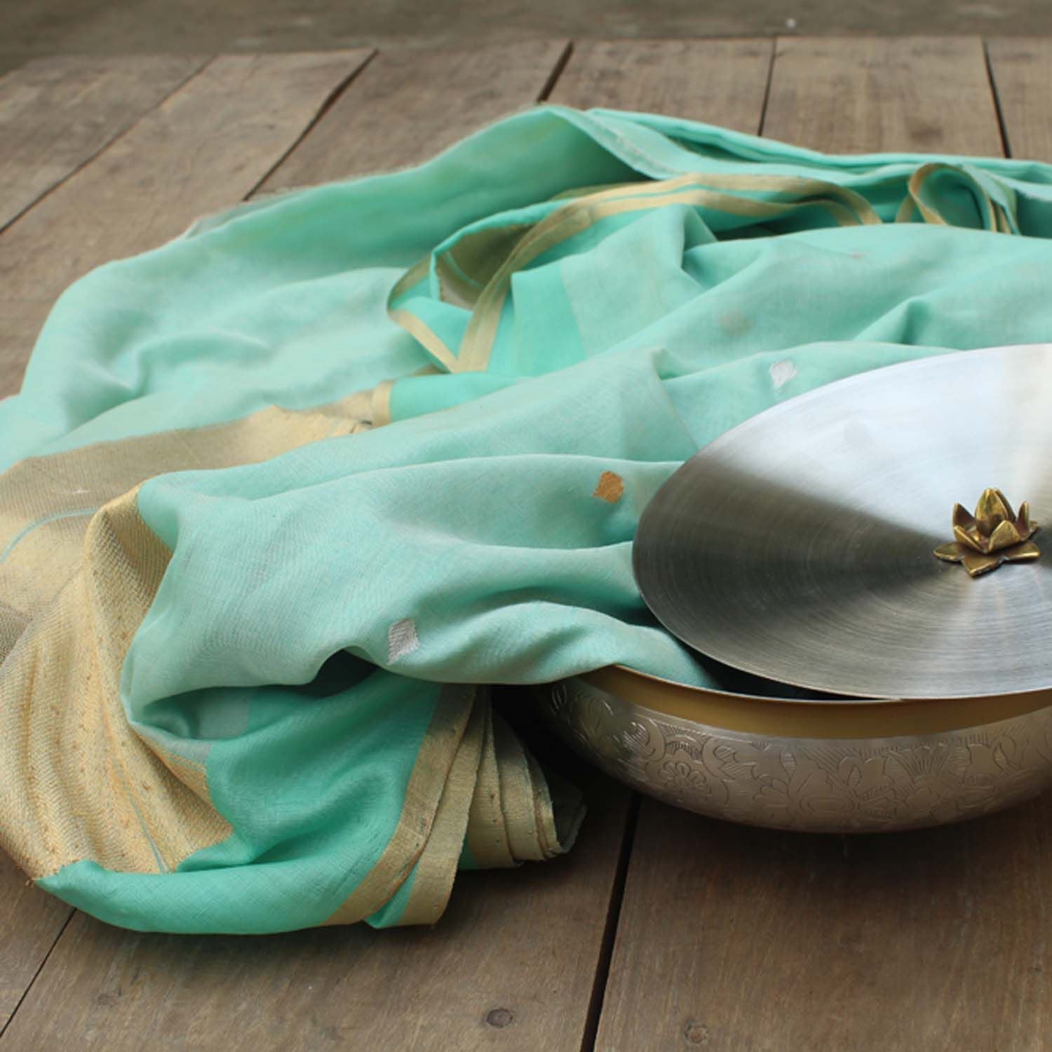 Mint Blue Pure Silk By Cotton Banarasi Handloom Saree - Tilfi