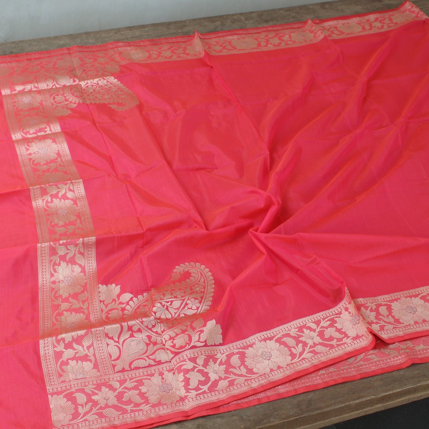 Orange-Rose Pink Pure Katan Silk Banarasi Handloom Dupatta - Tilfi