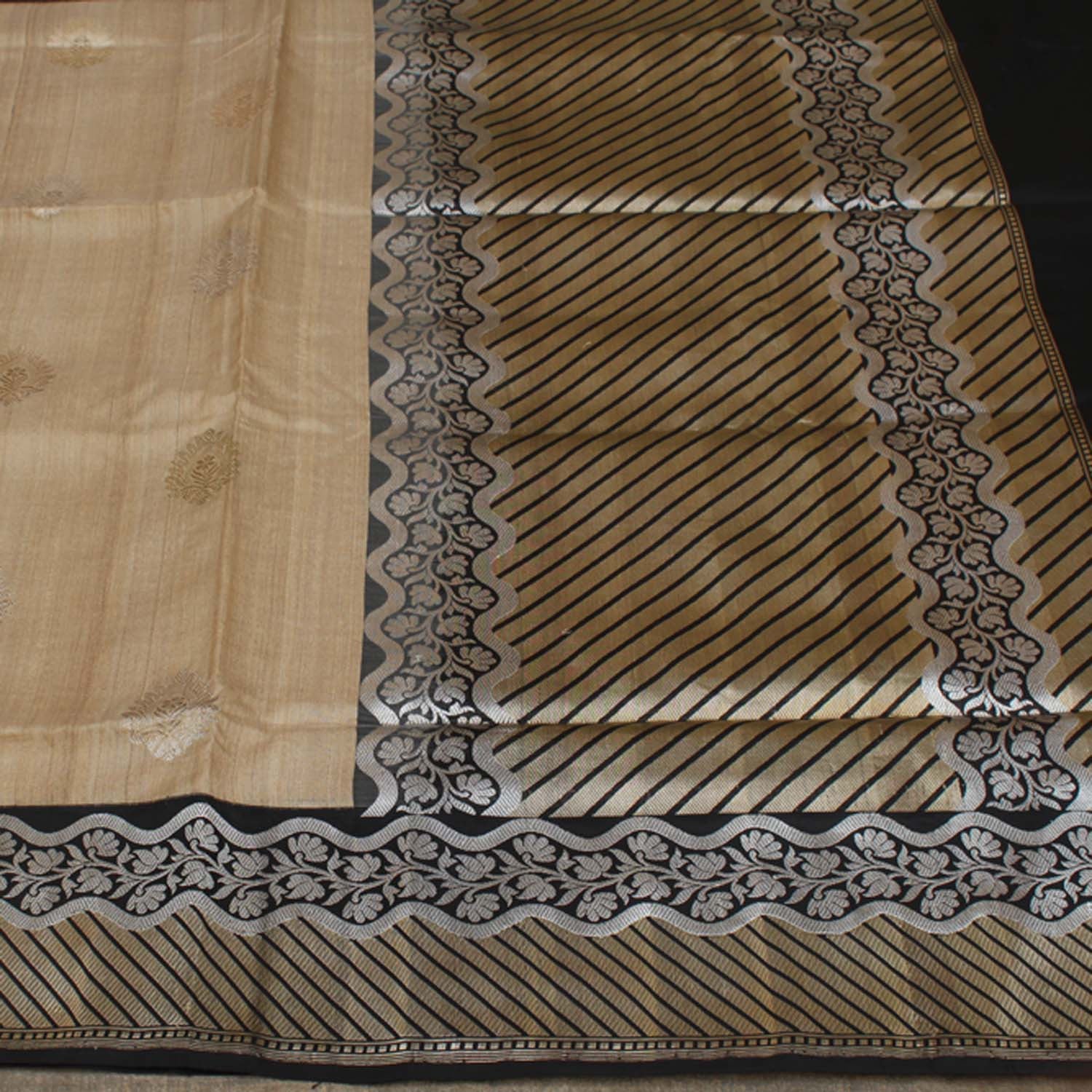 Beige Pure Tussar Silk Banarasi Handloom Saree - Tilfi