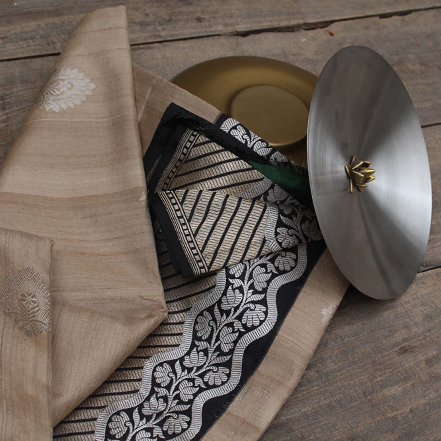 Beige Pure Tussar Silk Banarasi Handloom Saree - Tilfi