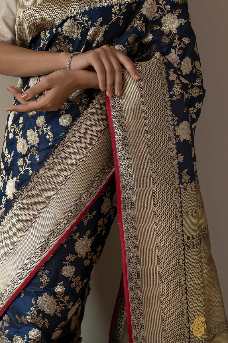 KJ0009-Navy Blue Pure Katan Silk Kadwa Roopa Sona Rose Jangla Saree 