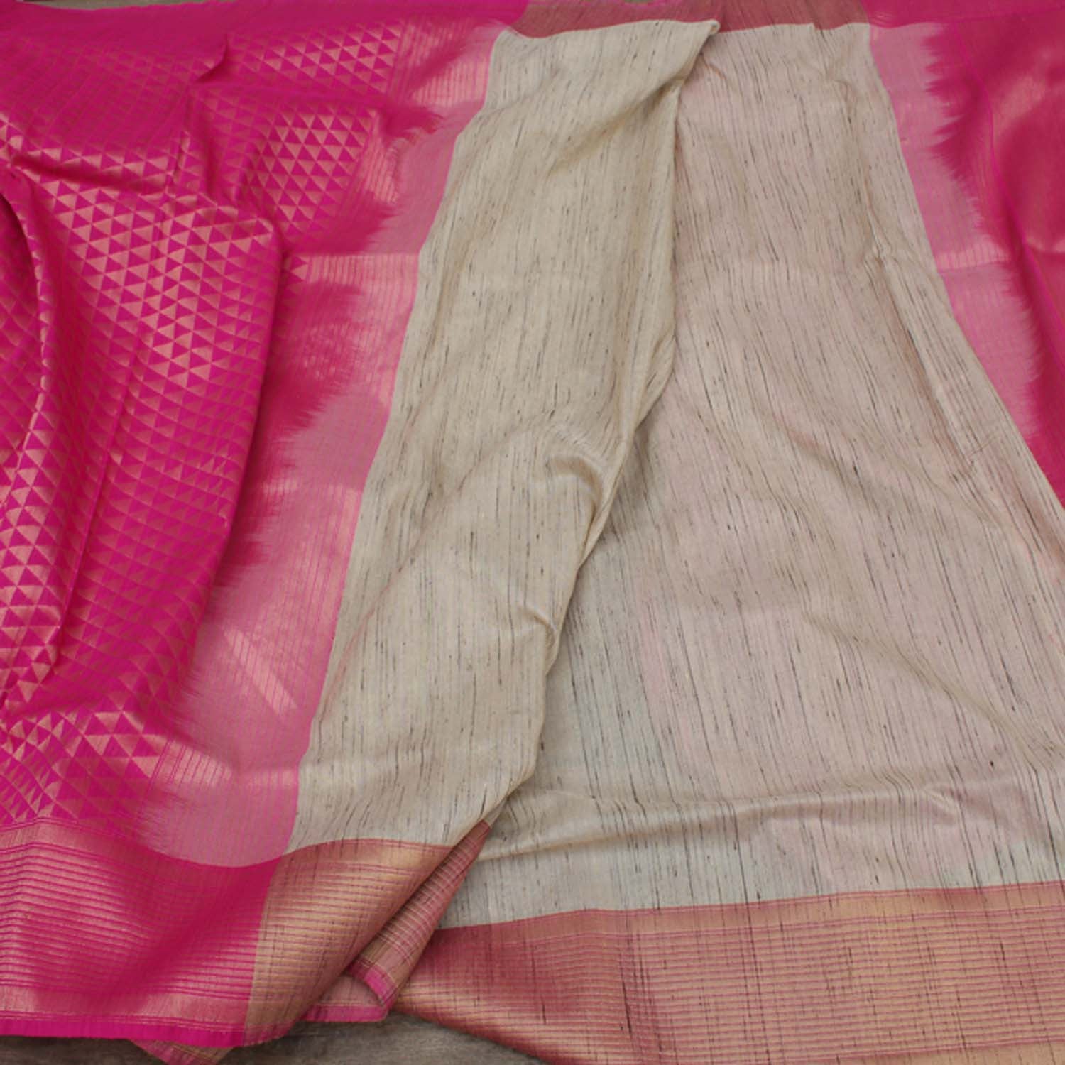 Beige-Indian Pink Pure Tussar Silk Banarasi Handloom Patli Saree - Tilfi