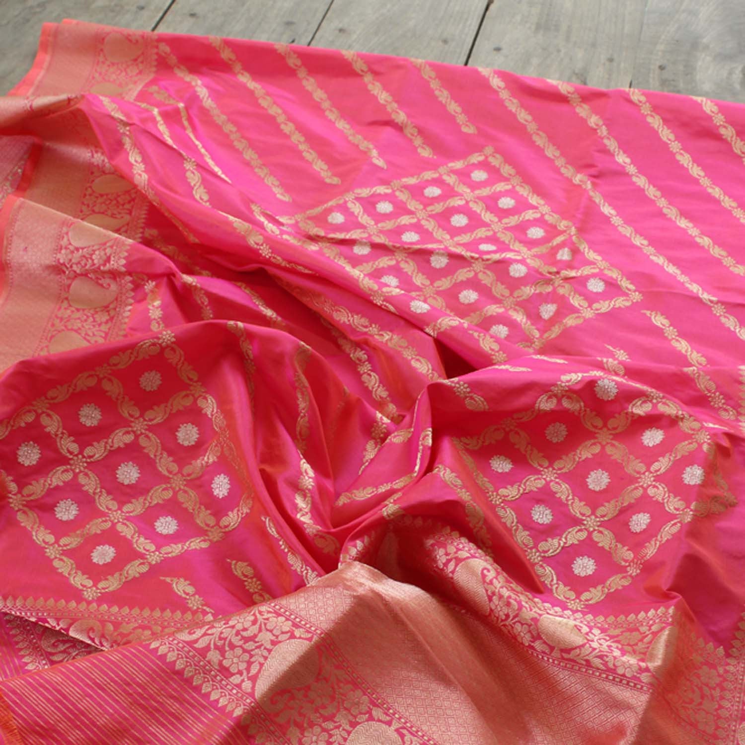 Orange Rose-Pink Pure Katan Silk Banarasi Handloom Dupatta - Tilfi